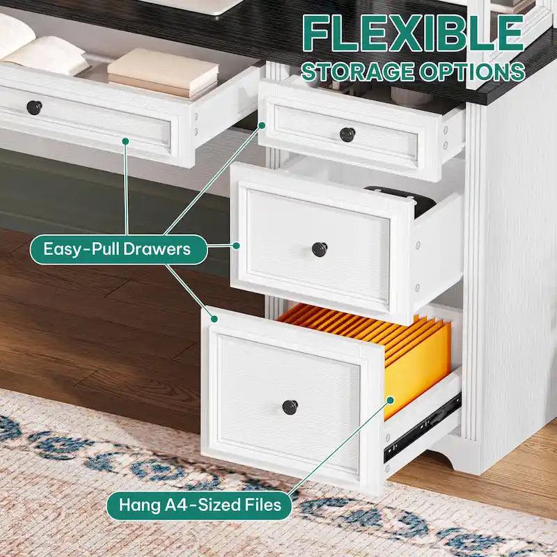 Moasis Farmhouse Executive Office Desk LED Computer Desk with Drawers and Storage Cabinet