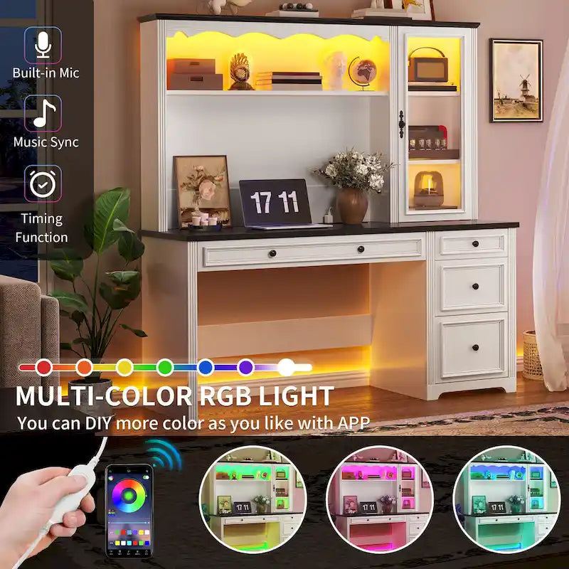 Moasis Farmhouse Executive Office Desk LED Computer Desk with Drawers and Storage Cabinet