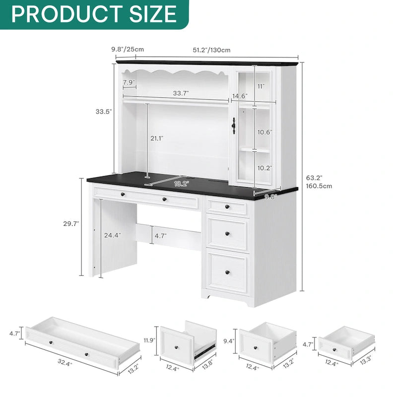 Moasis Farmhouse Executive Office Desk LED Computer Desk with Drawers and Storage Cabinet