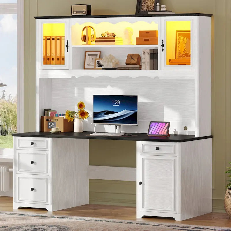 Moasis Farmhouse Executive Office Desk LED Computer Desk with Drawers and Storage Cabinet