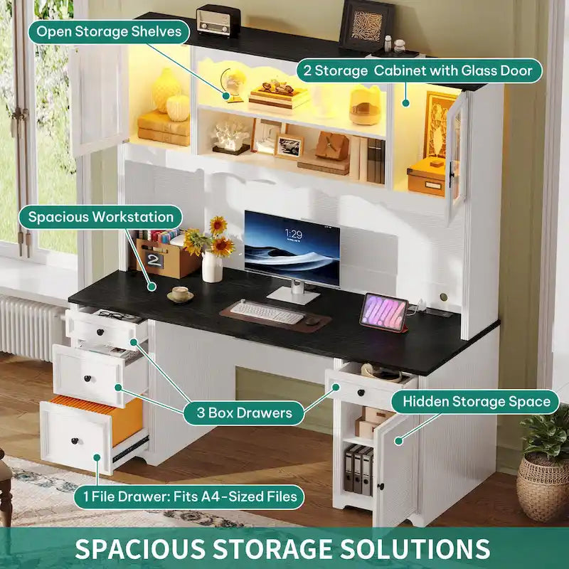 Moasis Farmhouse Executive Office Desk LED Computer Desk with Drawers and Storage Cabinet