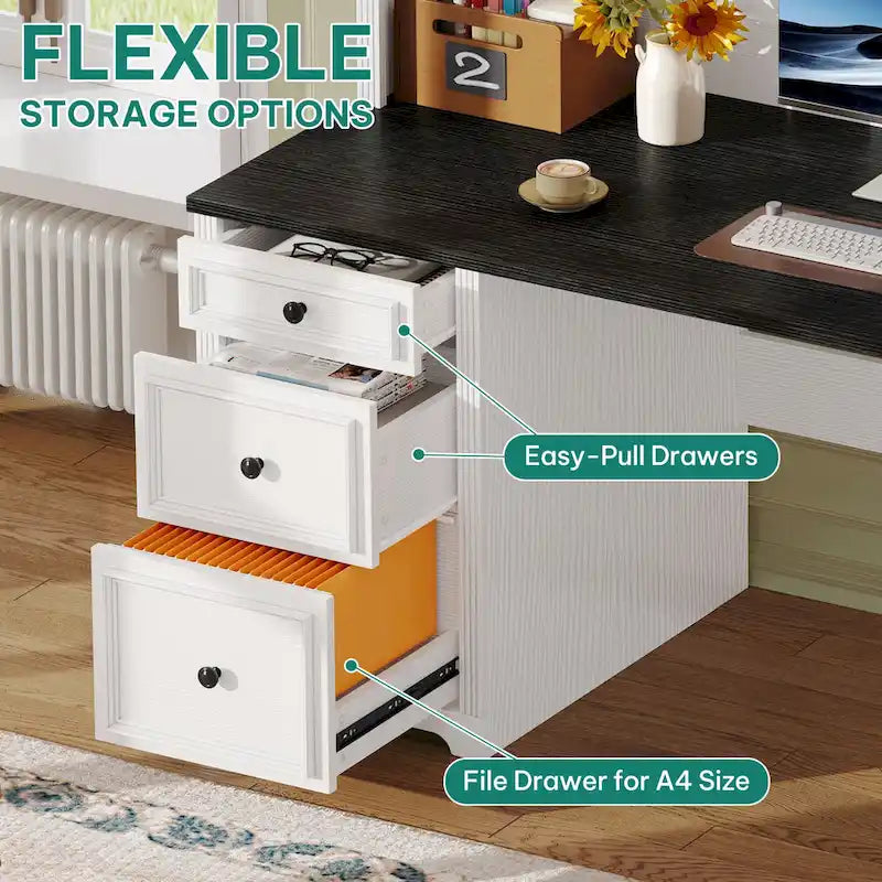 Moasis Farmhouse Executive Office Desk LED Computer Desk with Drawers and Storage Cabinet