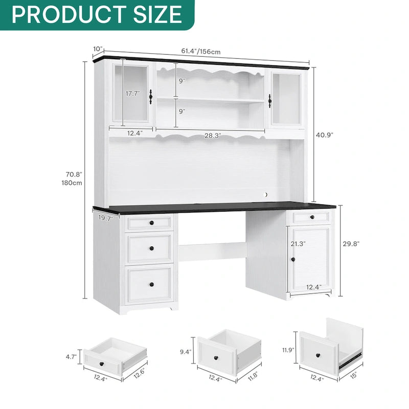 Moasis Farmhouse Executive Office Desk LED Computer Desk with Drawers and Storage Cabinet