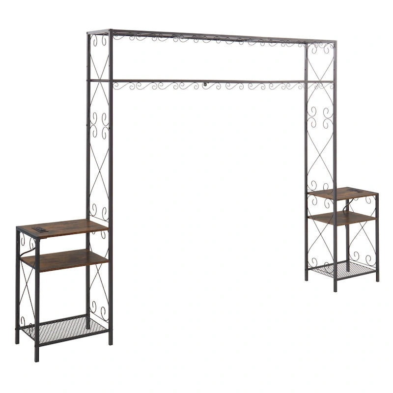 Rustic Brown Metal Queen Bed Frame, Headboard with 2 Nightstands and Bookcase