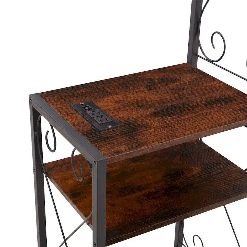 Rustic Brown Metal Queen Bed Frame, Headboard with 2 Nightstands and Bookcase