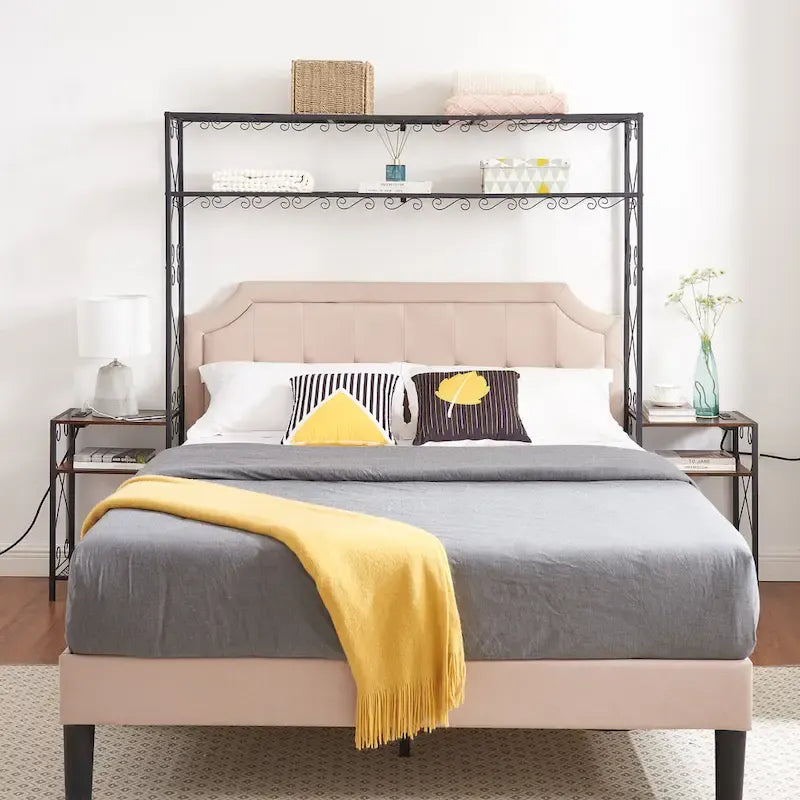 Rustic Brown Metal Queen Bed Frame, Headboard with 2 Nightstands and Bookcase