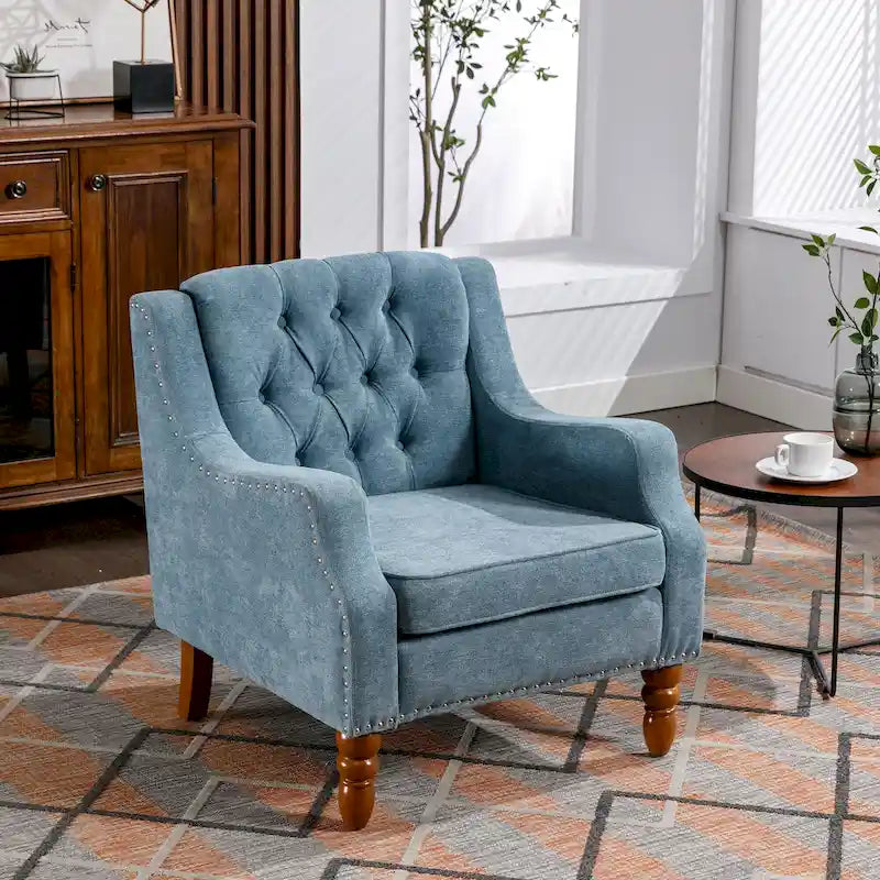 Linen Upholstered Accent Chair with Solid Wood Legs,Mid-Century Modern Single Lounge Sofa Chair for Living Room and Bedroom