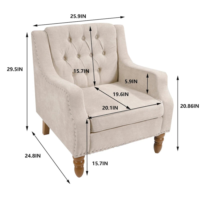 Linen Upholstered Accent Chair with Solid Wood Legs,Mid-Century Modern Single Lounge Sofa Chair for Living Room and Bedroom