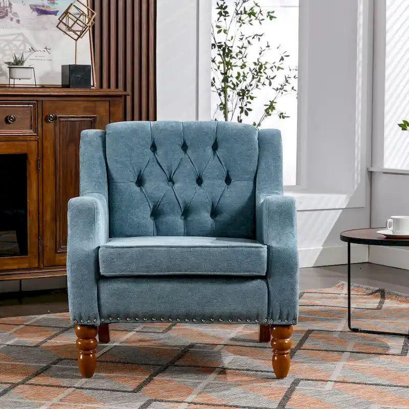 Linen Upholstered Accent Chair with Solid Wood Legs,Mid-Century Modern Single Lounge Sofa Chair for Living Room and Bedroom