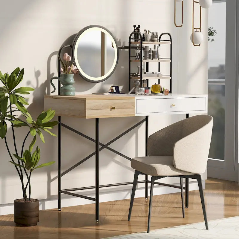 Modern Makeup Vanity with Mirror, Wireless Charging Station