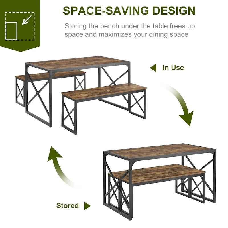 44.3 Dining Table with Benches Kitchen Table set for 4 Rectangular Dining Room Table Set with 2 Metal Wood Benches