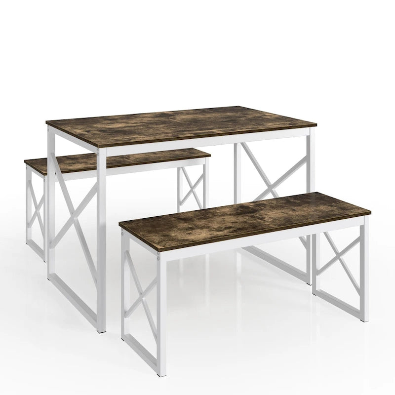 44.3 Dining Table with Benches Kitchen Table set for 4 Rectangular Dining Room Table Set with 2 Metal Wood Benches