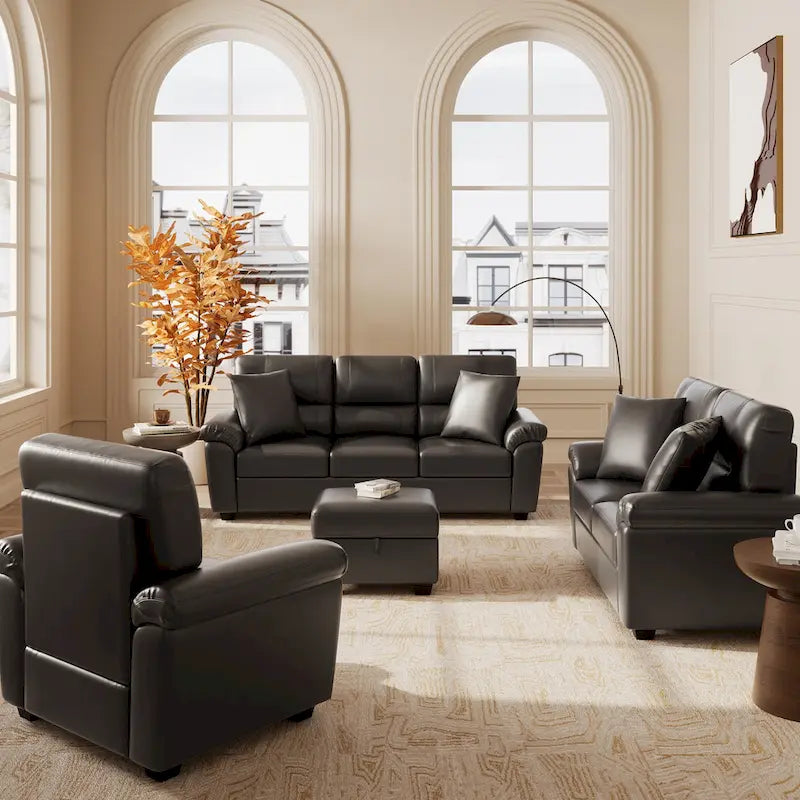 Upholstered Living Room Set, 4 Pieces - Faux Leather Chair, Loveseat, sofa with Ottoman