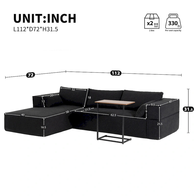 L-Shaped Modular Sectional Sofa with Side Table, Chaise, Wide Seat