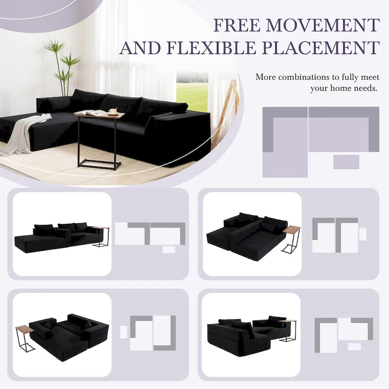 L-Shaped Modular Sectional Sofa with Side Table, Chaise, Wide Seat