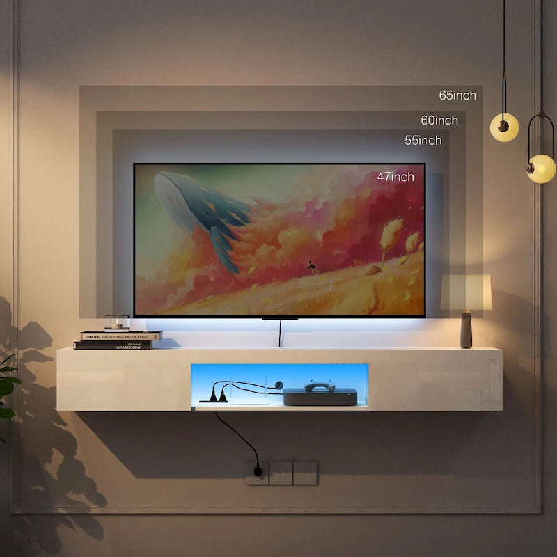 White 63 Floating TV Stand with Storage, LED Lights & Power Outlet for TVs Up to 60