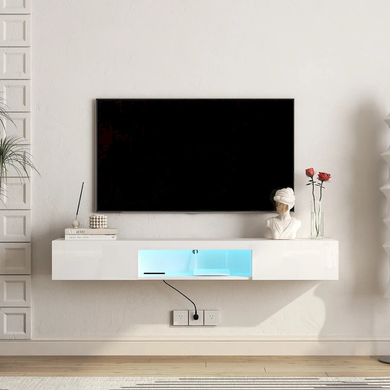 White 63 Floating TV Stand with Storage, LED Lights & Power Outlet for TVs Up to 60