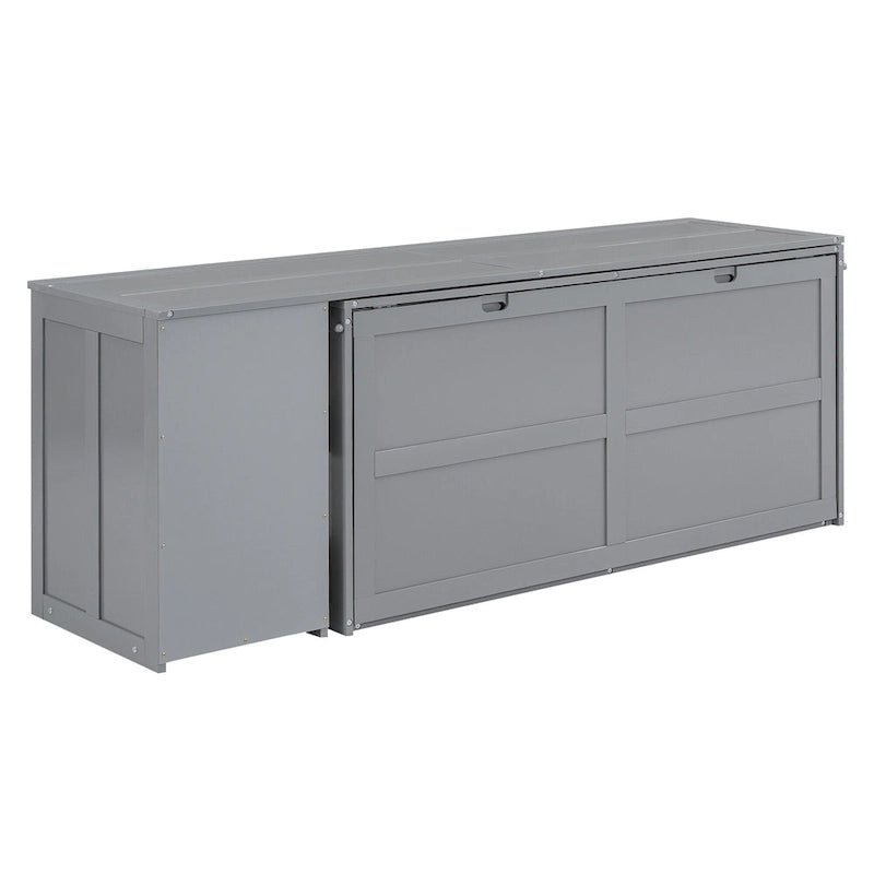 Grey Queen Murphy Bed with Rotating Desk and Shelves - Pine Wood and MDF Space-Saving Design
