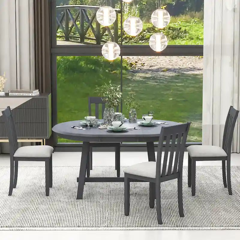 5-Piece Wooden Dining Table Set with Round Extendable Table & 4 Chairs