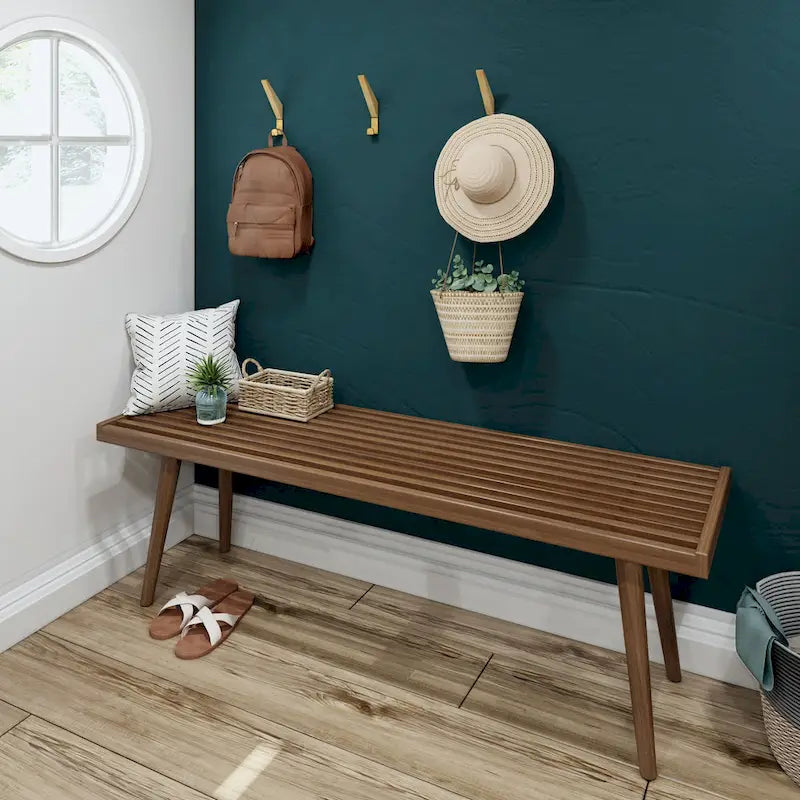 Plank and Beam Mid Century Double Wood Entryway Bench - 56.3 L x 16.5 W x 17.5 H
