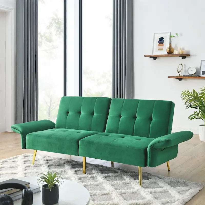 Italian Velvet Convertible Sleeper Sofa Bed with with Folded Armrests and Storage Bags