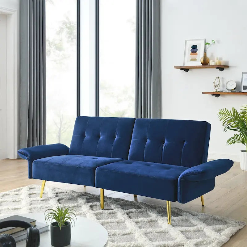 Italian Velvet Convertible Sleeper Sofa Bed with with Folded Armrests and Storage Bags