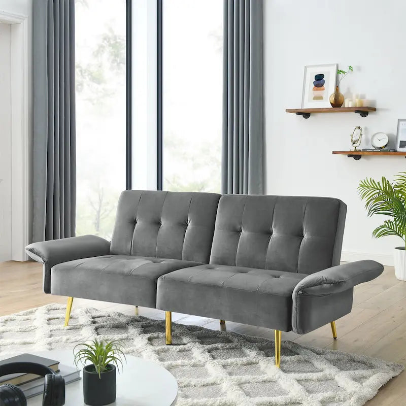 Italian Velvet Convertible Sleeper Sofa Bed with with Folded Armrests and Storage Bags