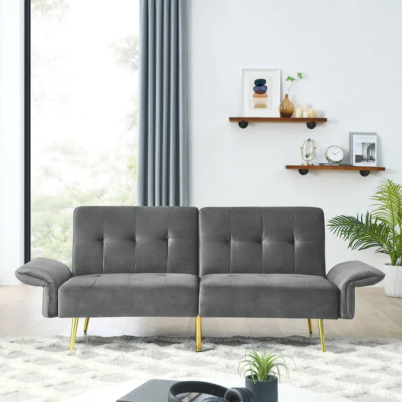 Italian Velvet Convertible Sleeper Sofa Bed with with Folded Armrests and Storage Bags