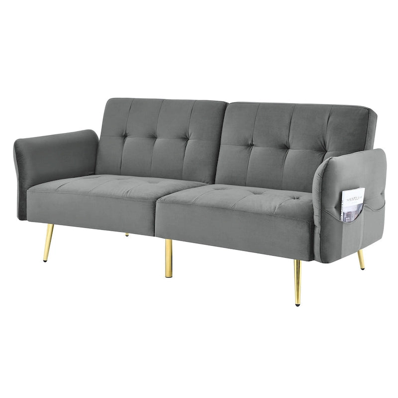 Italian Velvet Convertible Sleeper Sofa Bed with with Folded Armrests and Storage Bags