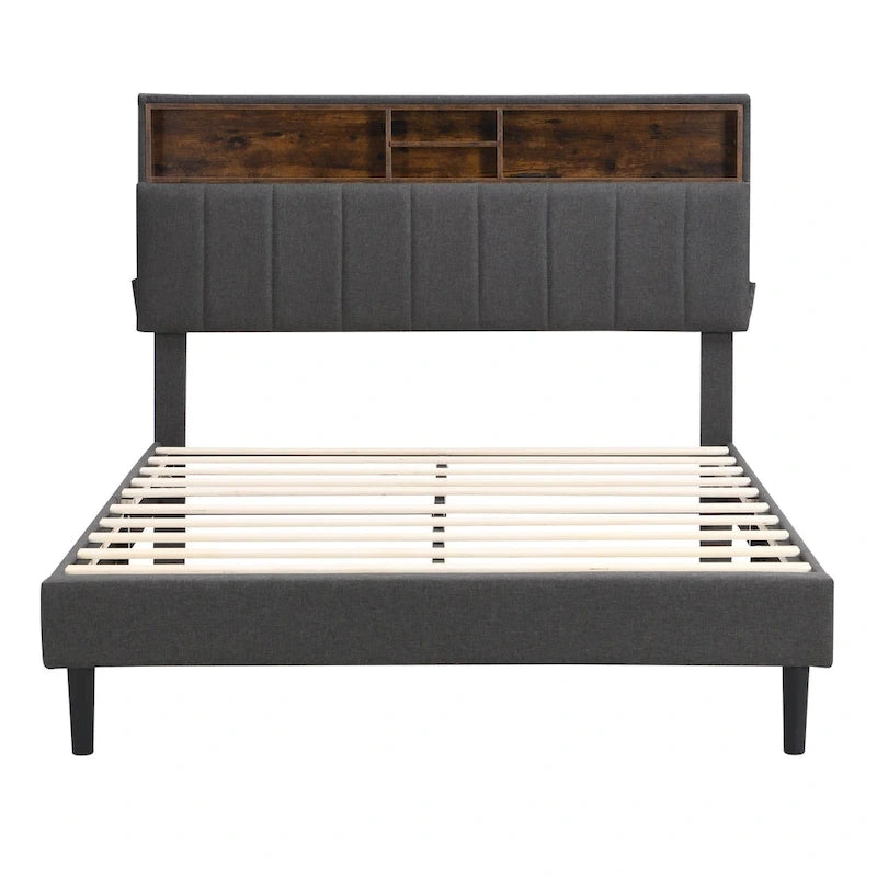 Full size Upholstered Platform Bed with Storage Headboard and USB Port