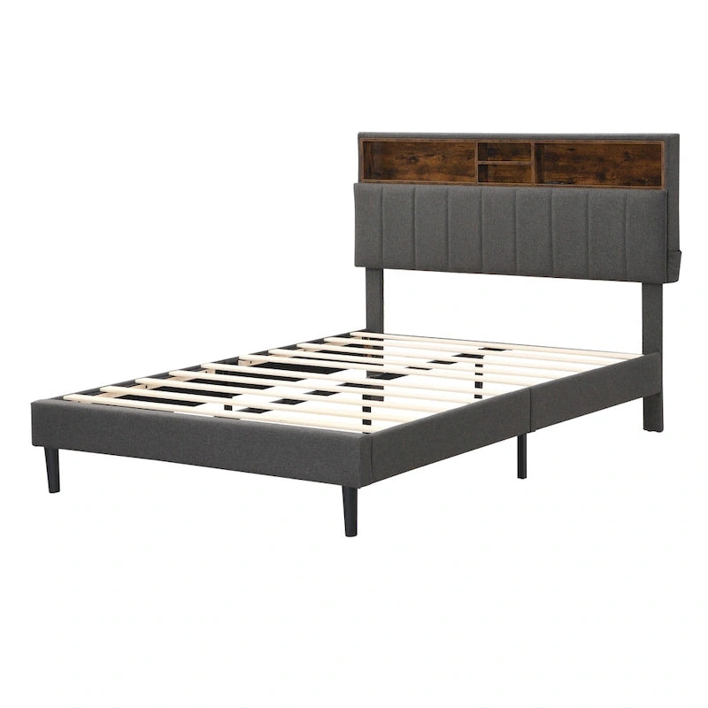 Full size Upholstered Platform Bed with Storage Headboard and USB Port