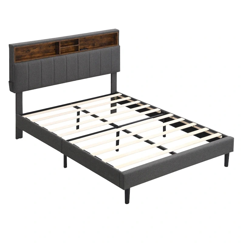 Full size Upholstered Platform Bed with Storage Headboard and USB Port