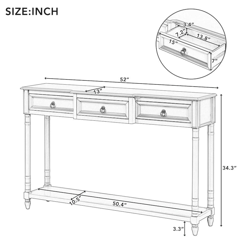 3-drawer Console Sofa Table for Entryway - 13.00 x 52.00 x 34.30