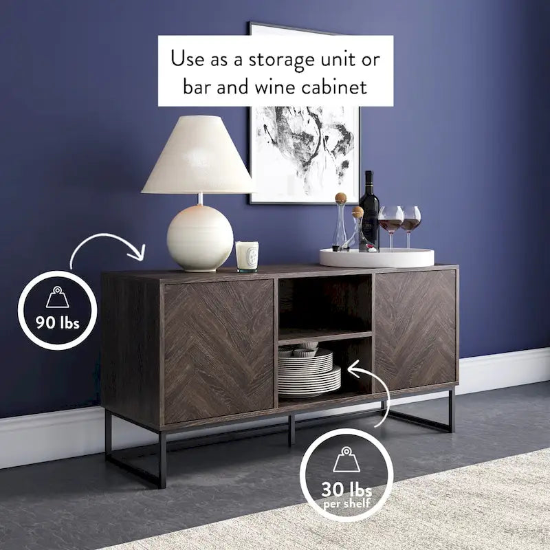Nathan James Dylan Media Console Cabinet TV Stand with Hidden Storage Herringbone Pattern Wood Metal - 47 inches in width