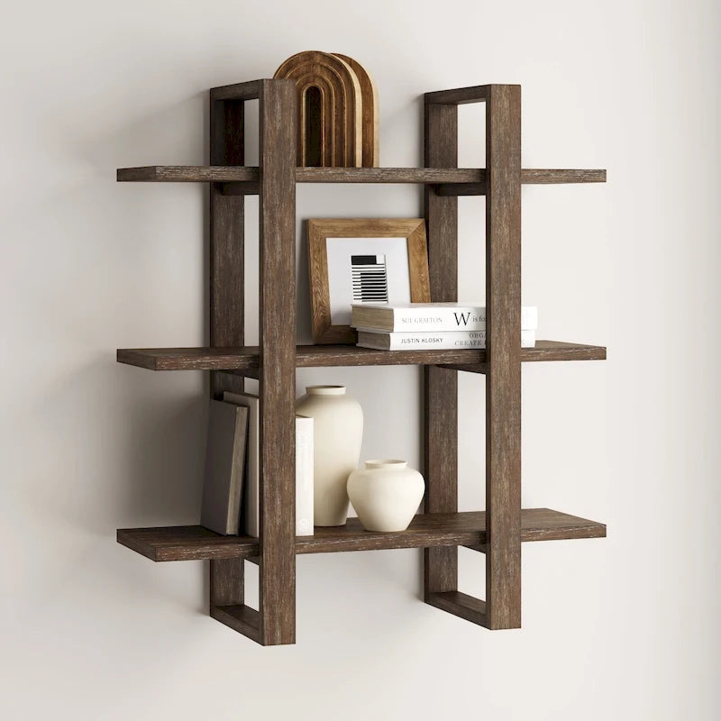 Nathan James Benji Floating Wall Book Shelves, 3-Tier Display Shelf, Decorative Modular Shelf in Solid Wood