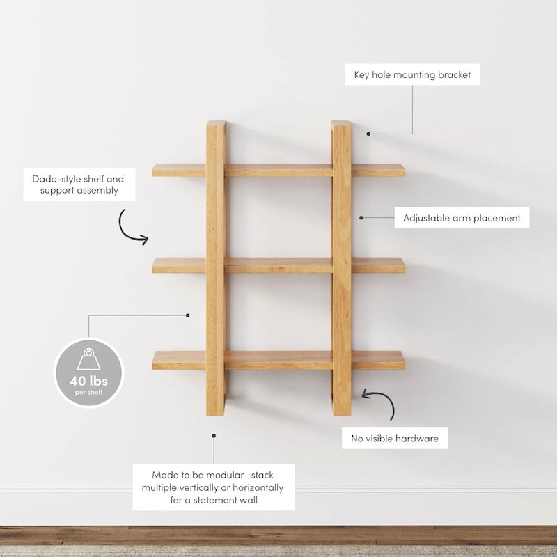 Nathan James Benji Floating Wall Book Shelves, 3-Tier Display Shelf, Decorative Modular Shelf in Solid Wood