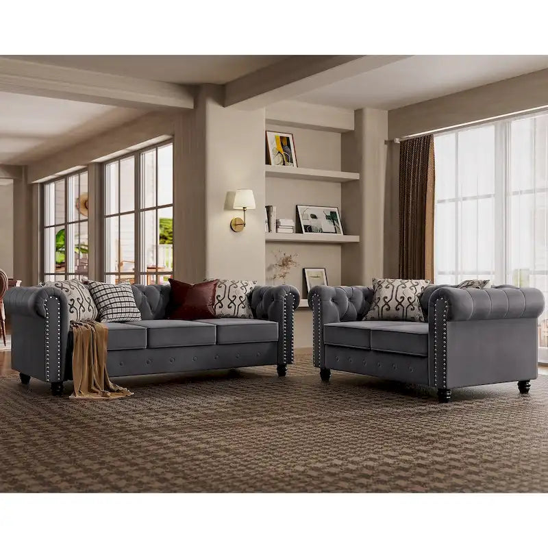 Morden Fort Classic Tufted Velvet Upholstered Chesterfield Club Loveseat and Sofa 2Pieces with Nailhead for Living Room