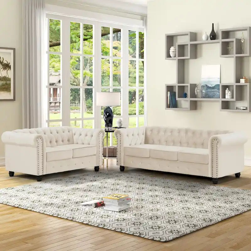 Morden Fort Classic Tufted Velvet Upholstered Chesterfield Club Loveseat and Sofa 2Pieces with Nailhead for Living Room