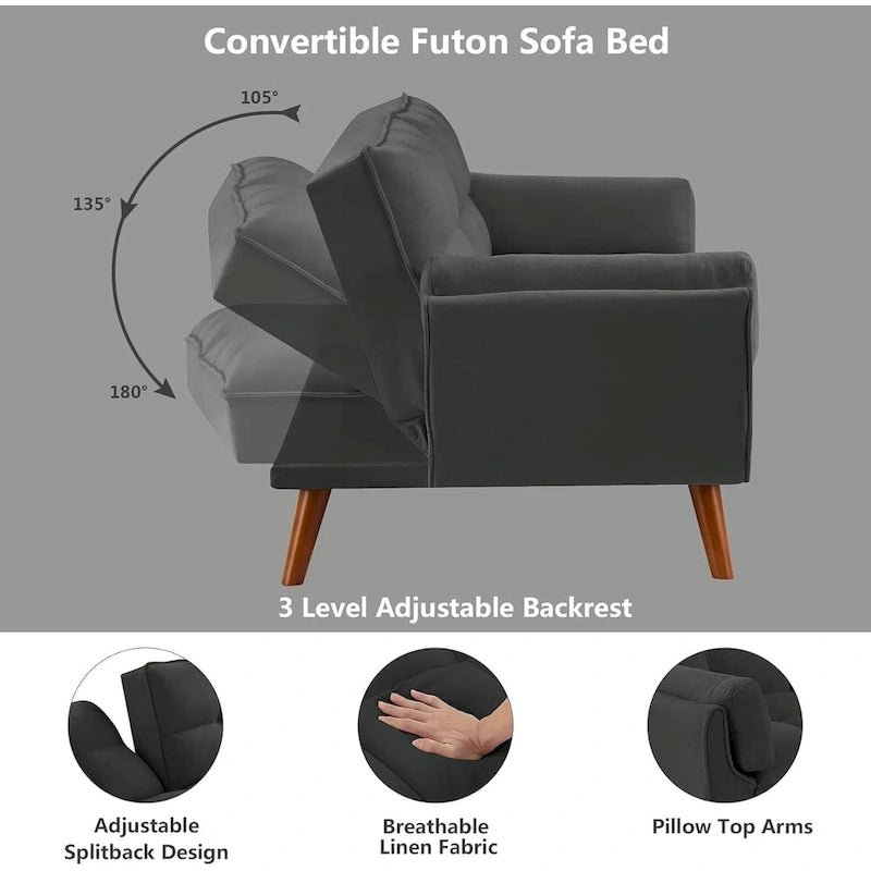 75.39 IN. Futon Sofa Bed, Convertible Upholstered Couch Sleeper with Reclining Sleeper Split Tufted Back