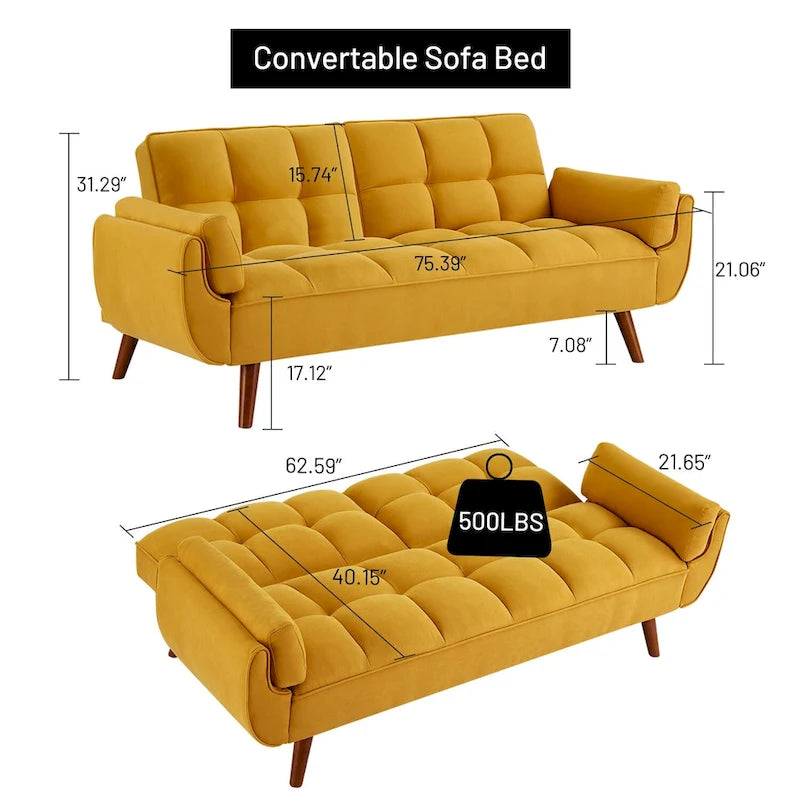 75.39 IN. Futon Sofa Bed, Convertible Upholstered Couch Sleeper with Reclining Sleeper Split Tufted Back
