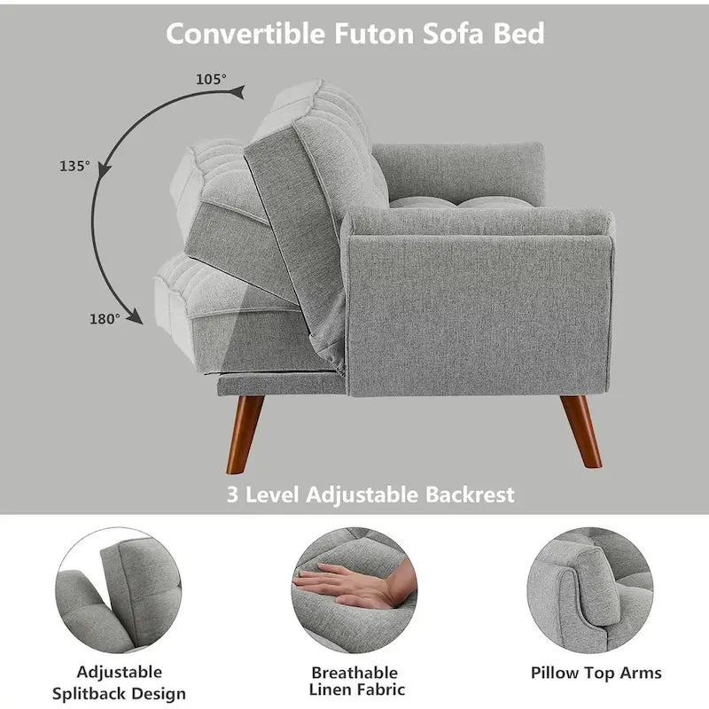 75.39 IN. Futon Sofa Bed, Convertible Upholstered Couch Sleeper with Reclining Sleeper Split Tufted Back