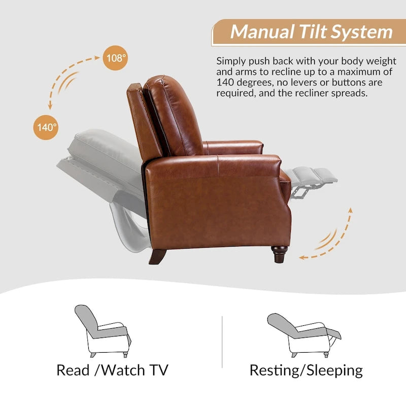 Cigar Mid-century Modern Genuine Leather Recliner with Nailhead Trim Set of 2 by HULALA HOME