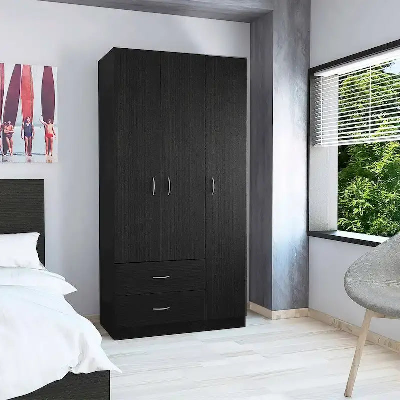 FM Furniture Eureka 3 Door Armoire with 2 Drawers, Inner Shelves, and Rod