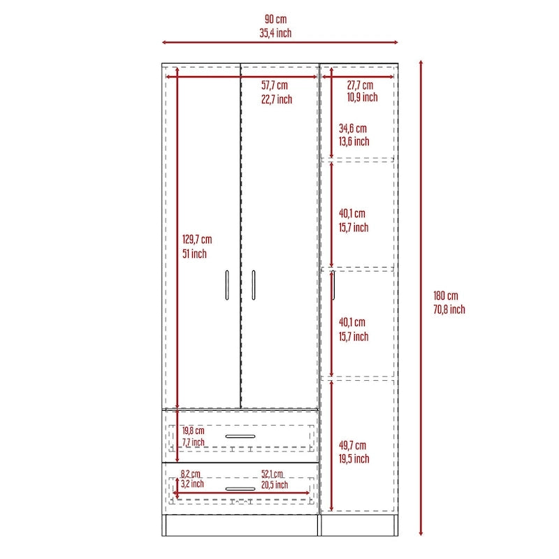 FM Furniture Eureka 3 Door Armoire with 2 Drawers, Inner Shelves, and Rod