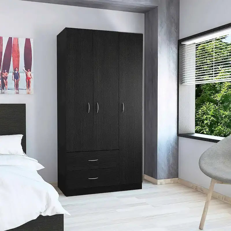 FM Furniture Eureka 3 Door Armoire with 2 Drawers, Inner Shelves, and Rod
