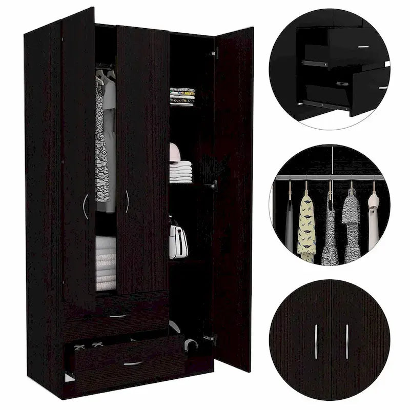 FM Furniture Eureka 3 Door Armoire with 2 Drawers, Inner Shelves, and Rod