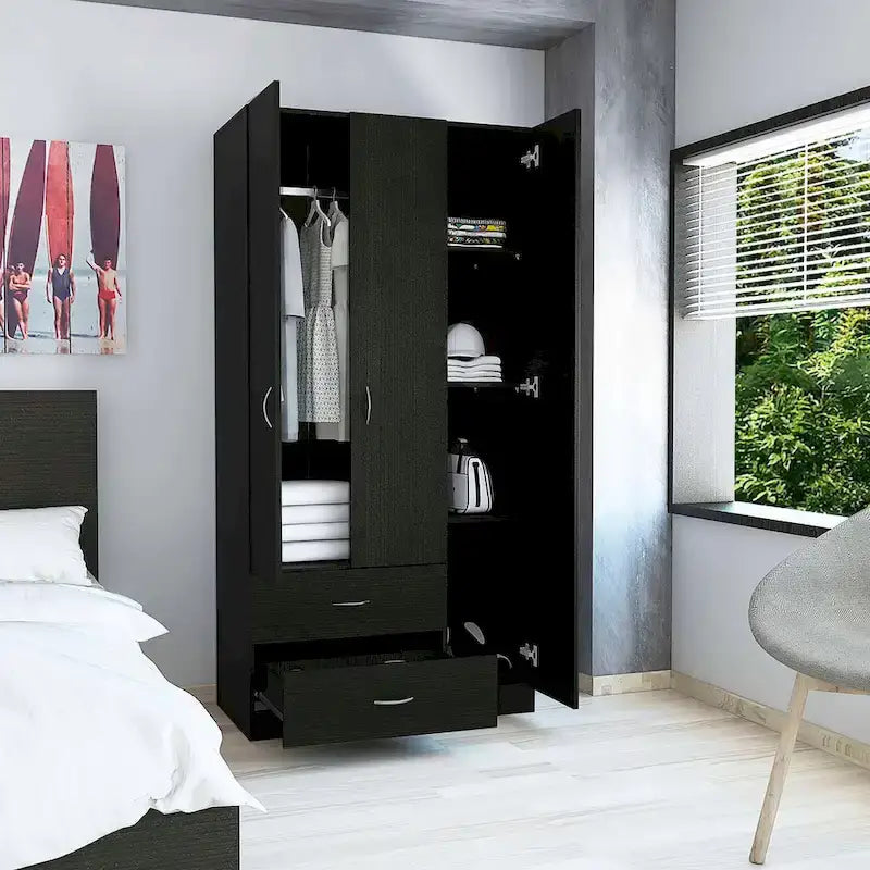 FM Furniture Eureka 3 Door Armoire with 2 Drawers, Inner Shelves, and Rod