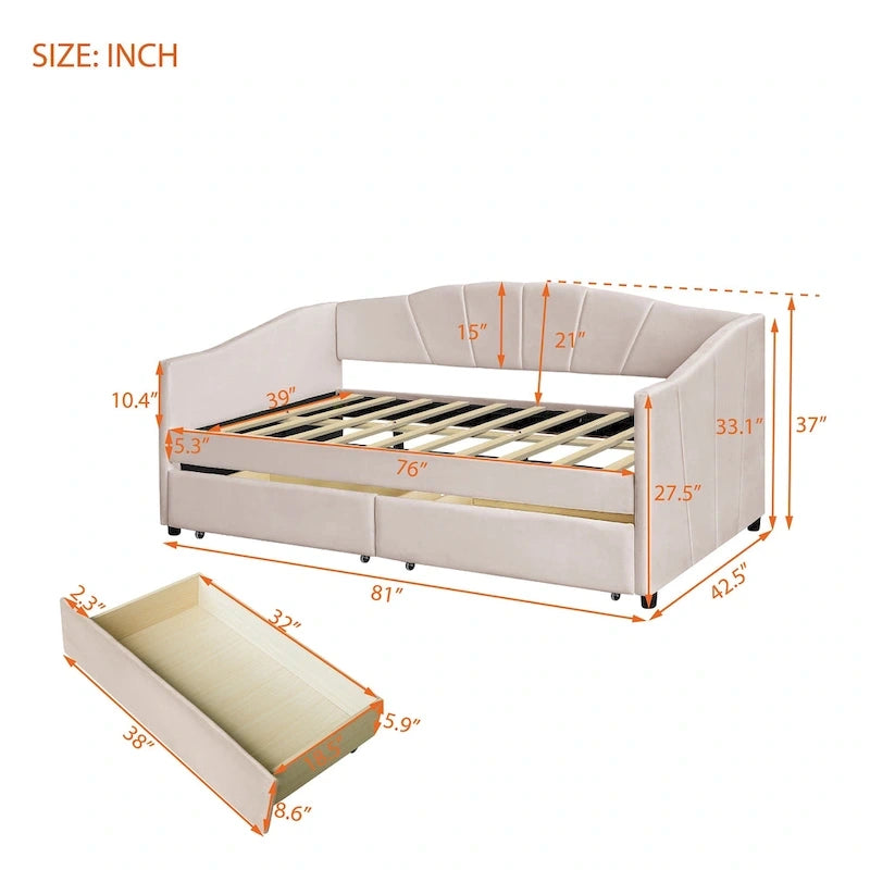 Nestfair Upholstered daybed Twin Size with Two Drawers and Wood Slat Suppot