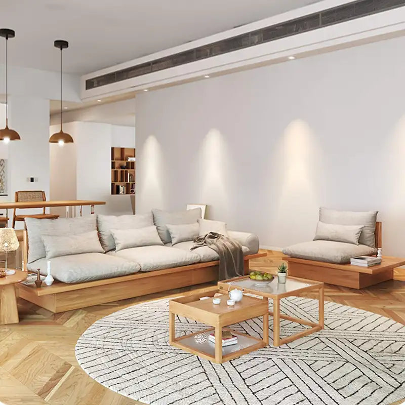 JASIWAY Cotton Line Beige Sofa With Wood Frame