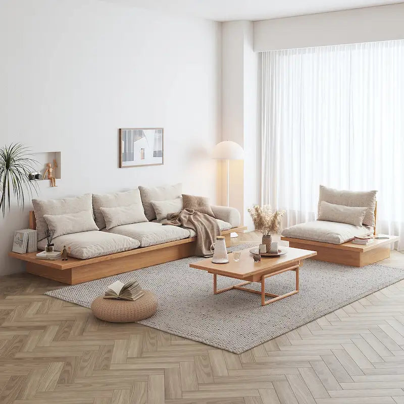 JASIWAY Cotton Line Beige Sofa With Wood Frame